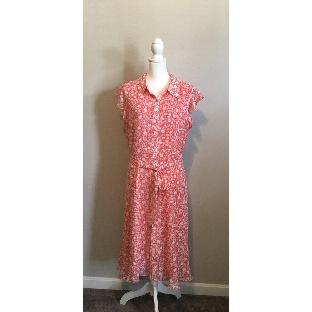 R & K Coral Floral Ruffled Dress Flutter Sleeve Button Down Tie Waist Sz 16 Plus